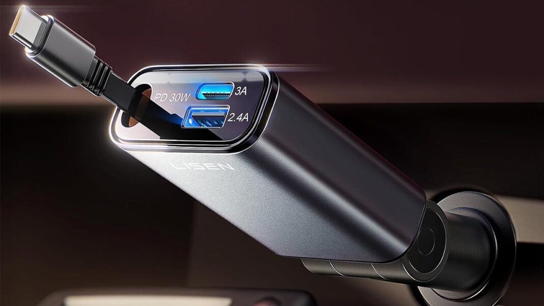 Grab a Lisen 3-Port 57W USB Car Charger with Retractable USB-C Cable for Just $10